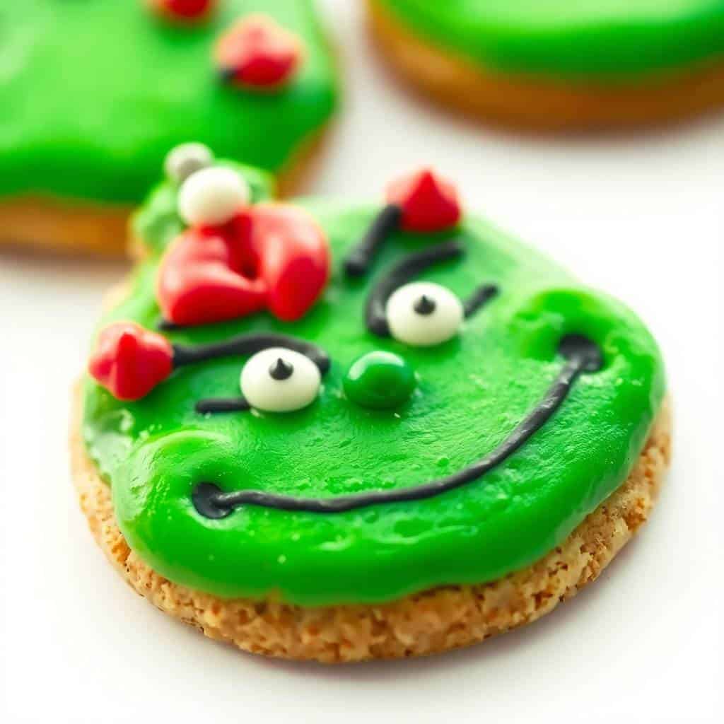 Green frosted Grinch cookie with candy eyes, red fondant flowers, and black smile on tan cookie base.