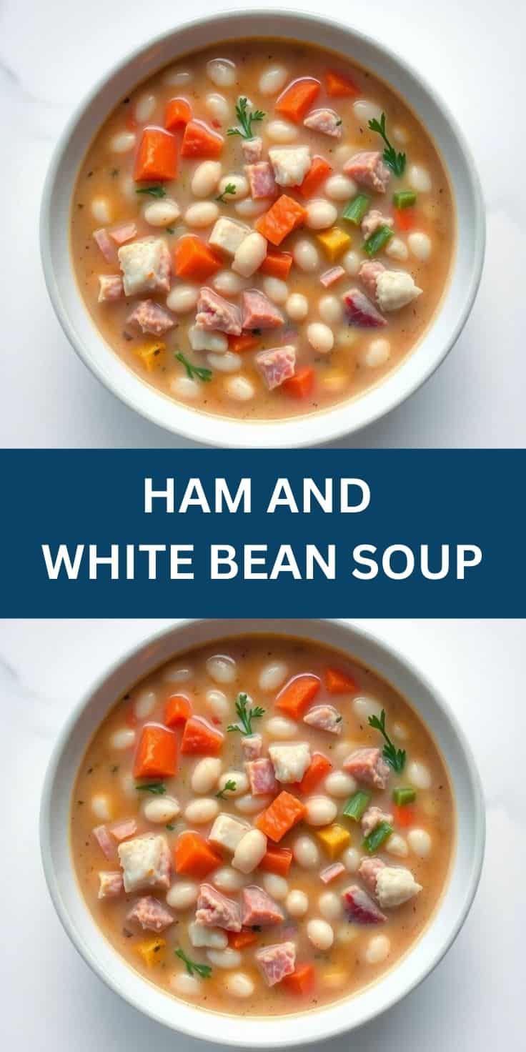 Two bowls of ham and white bean soup garnished with parsley, showing white beans, diced ham, and vegetables in broth.