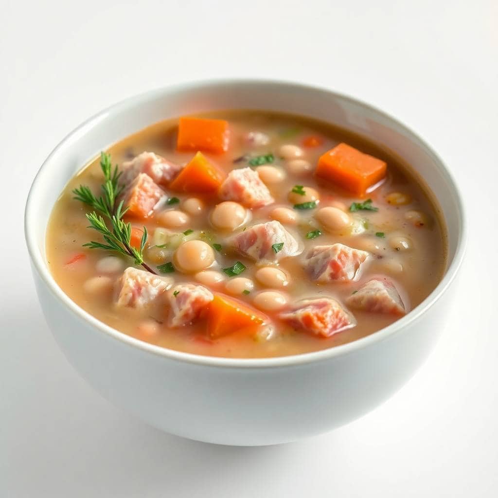Ham and white bean soup in white bowl, garnished with fresh herbs and diced carrots.