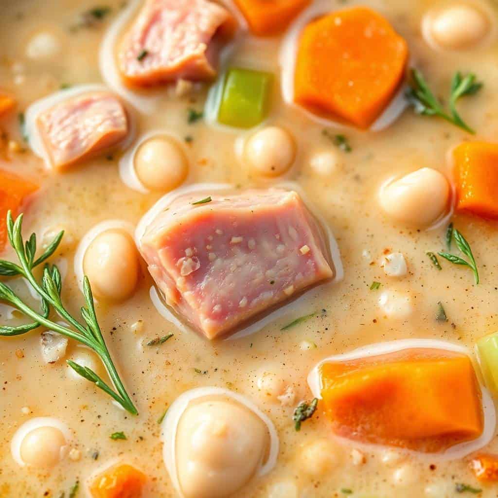 Ham and white bean soup with carrots, chickpeas, rosemary garnish in creamy broth.