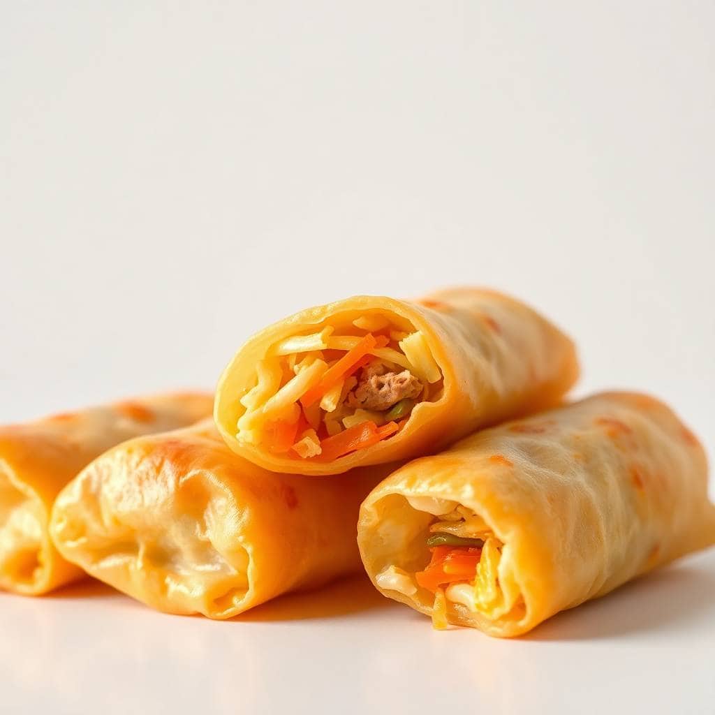 Crispy golden homemade egg rolls filled with meat and vegetables, some cut open to reveal filling.
