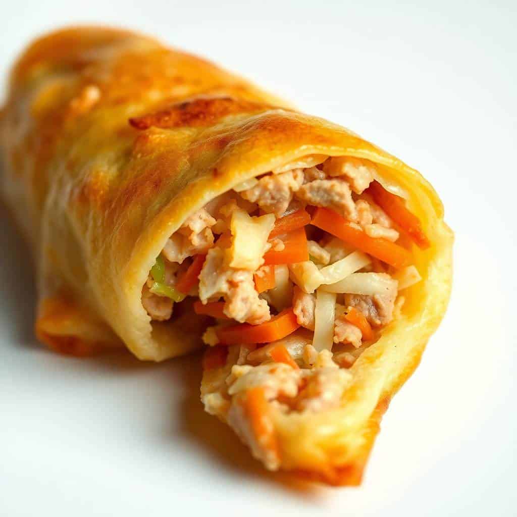 Crispy golden homemade egg roll cut in half, revealing shredded meat and vegetable filling inside.