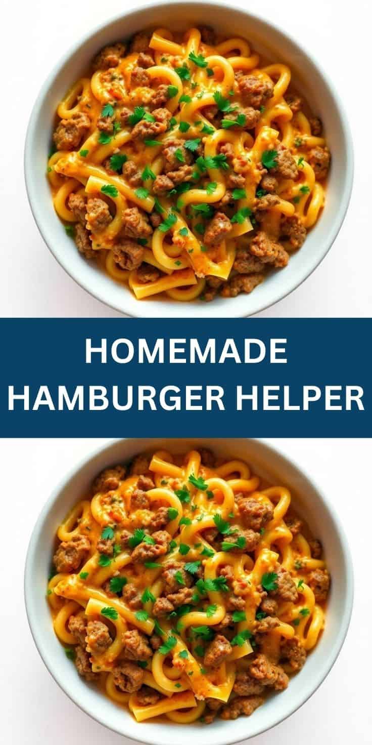 Two bowls of homemade hamburger helper with ground beef, curly pasta, and fresh parsley garnish.