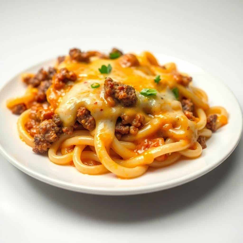 Homemade Hamburger Helper with ground beef, curly noodles, melted cheese, and parsley garnish on white plate.