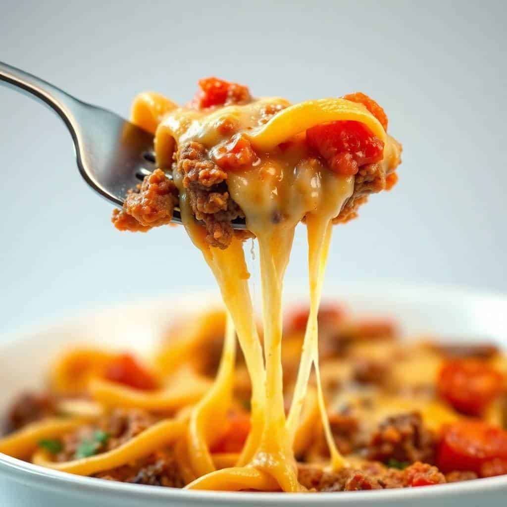 Homemade hamburger helper with melted cheese, ground beef, and red peppers on fork over white plate.