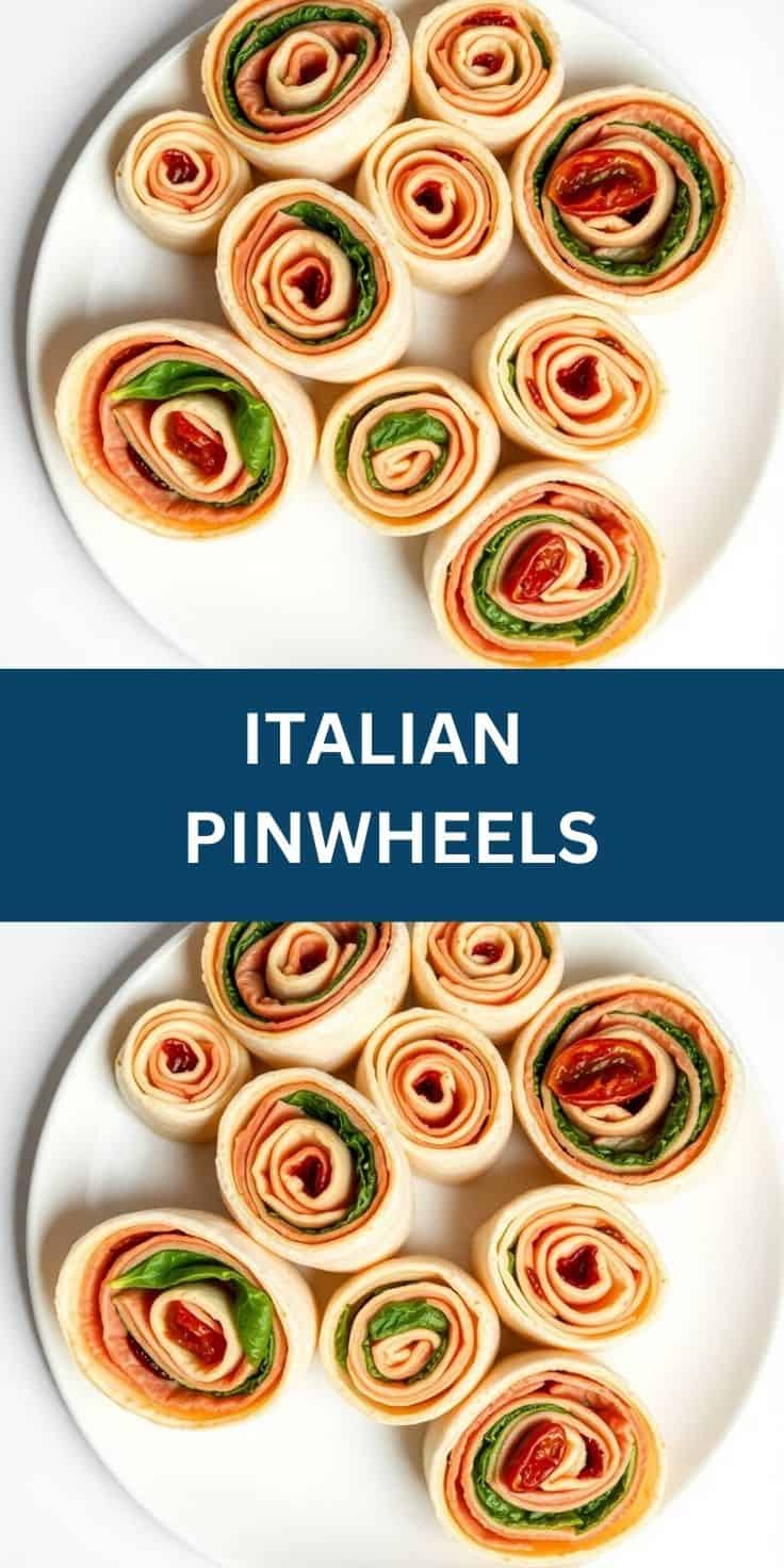 Italian pinwheels with prosciutto and basil arranged on white plate, showing spiral cross-sections.