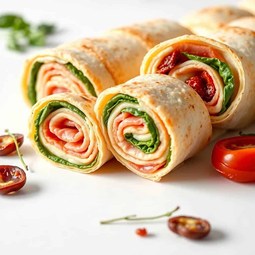 Italian pinwheels sliced and arranged showing colorful layers of tortilla, cheese, tomato, and spinach filling.
