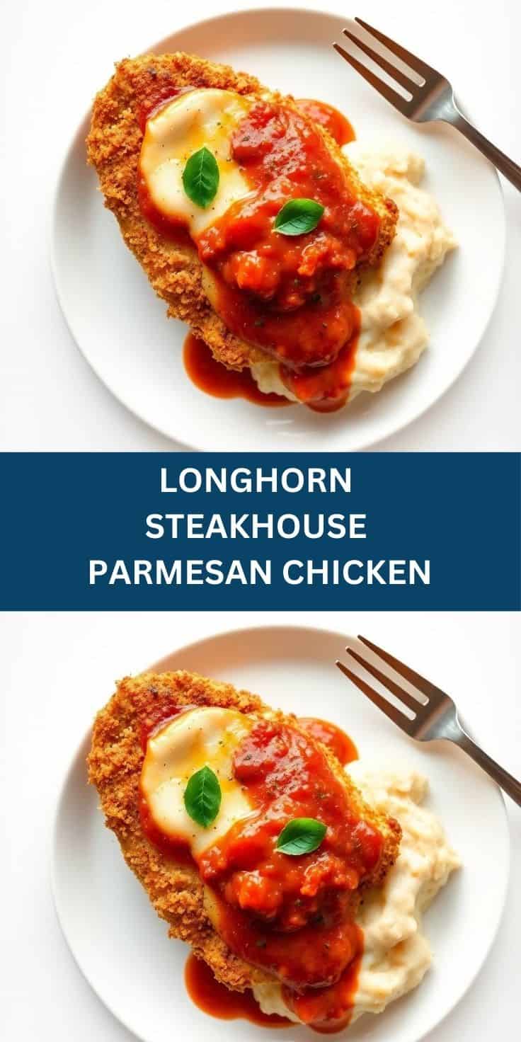 Longhorn Steakhouse Parmesan chicken with melted cheese, red sauce, fresh basil, served with mashed potatoes.