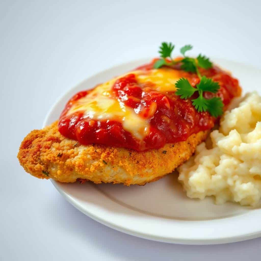 Crispy breaded chicken parmesan topped with melted cheese and red sauce, served with mashed potatoes and cilantro garnish.