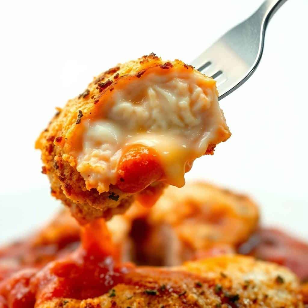 Parmesan chicken on fork with melted cheese, golden-brown crust, and red sauce visible below.