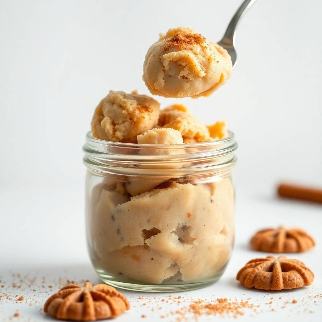 Edible snickerdoodle cookie dough in glass jar with spoon, cinnamon sugar topping and cookies.