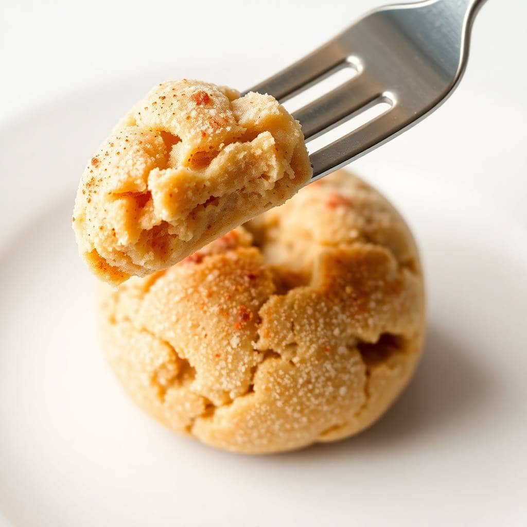 Snickerdoodle cookie dough on fork with cinnamon sugar coating and crumbly texture.
