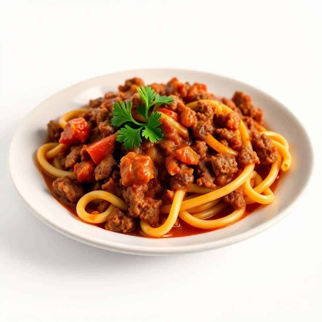 Old fashioned goulash with ground beef, noodles, tomato sauce, garnished with fresh parsley on white plate.
