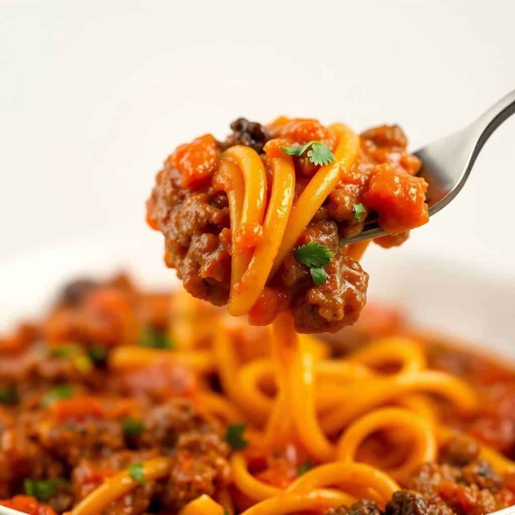 A forkful of old fashioned goulash with tender meat, tomato sauce, peppers, and fresh cilantro garnish.