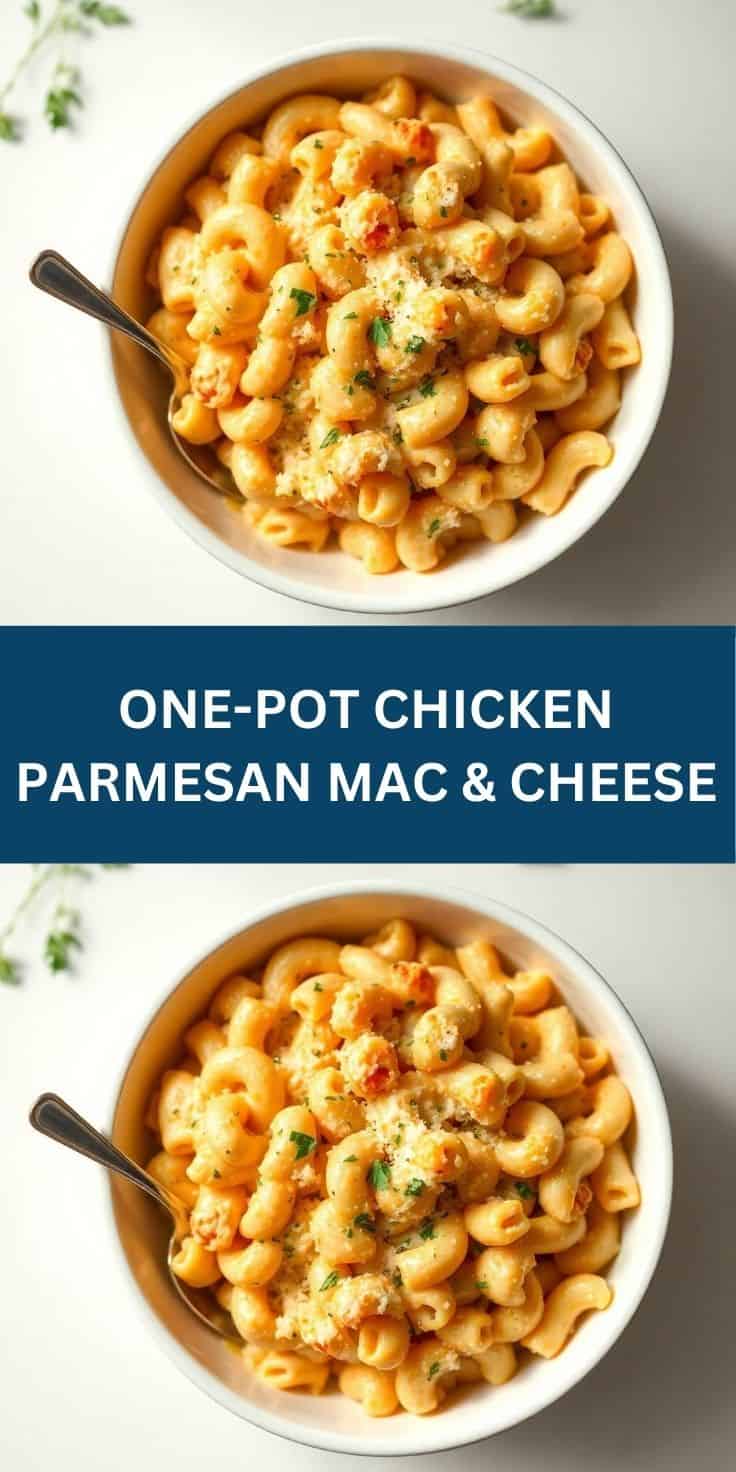 Creamy one-pot chicken parmesan mac and cheese in white bowl, garnished with herbs and breadcrumbs.