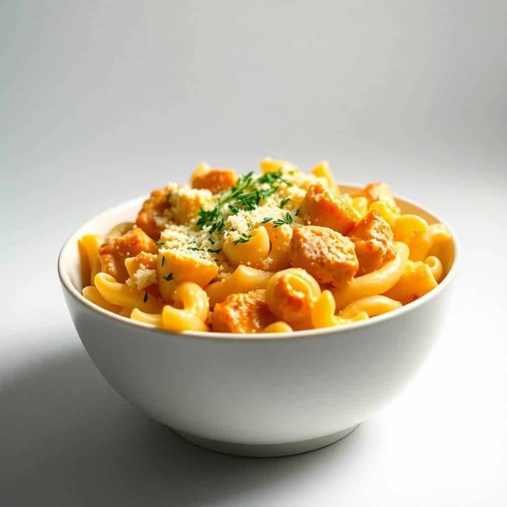 Creamy chicken parmesan mac and cheese garnished with fresh herbs in a white bowl.