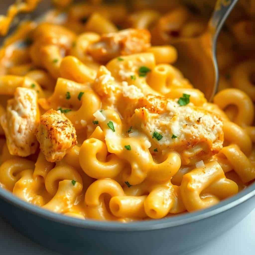 One-pot chicken parmesan mac and cheese with elbow pasta in creamy sauce, garnished with parsley.