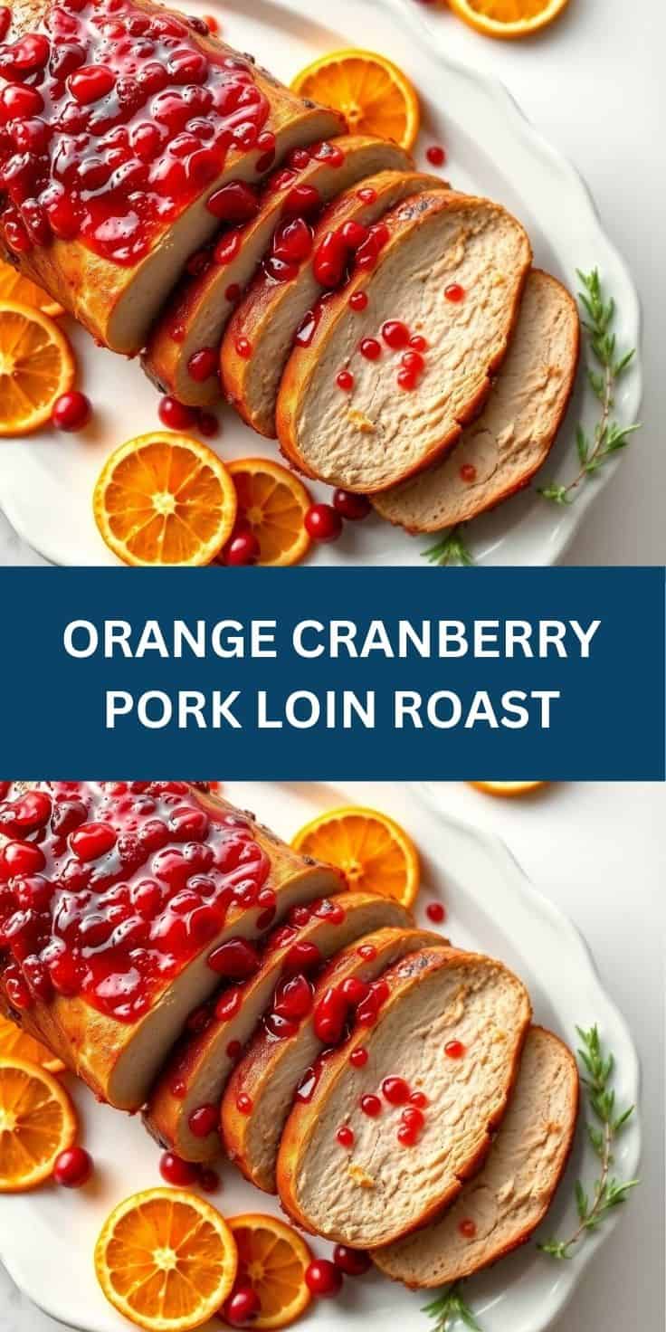 Sliced orange cranberry pork loin roast on white plate with orange slices and fresh rosemary garnish.