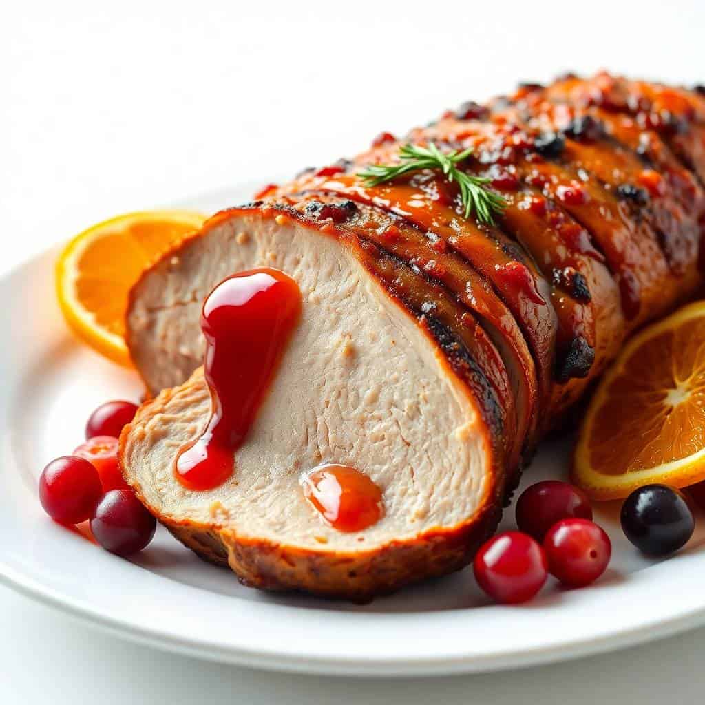 Sliced orange cranberry pork loin roast with glossy glaze, orange slices, and fresh rosemary on white plate.