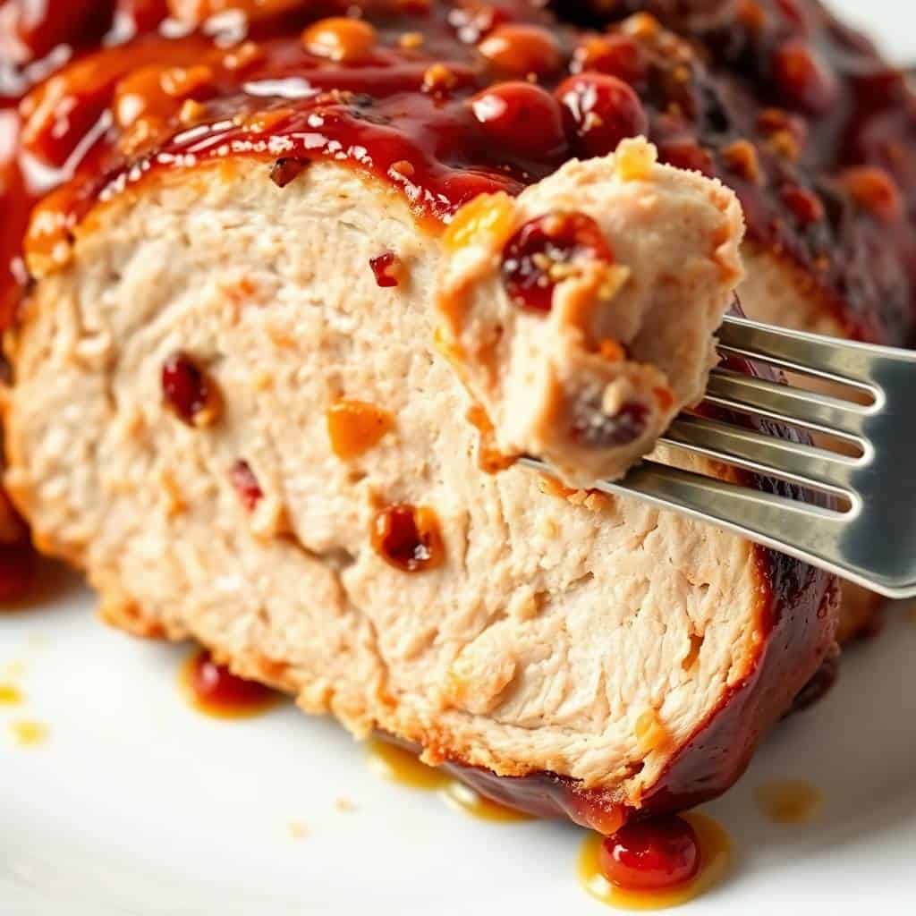 Sliced orange cranberry pork loin roast with glossy glaze and cranberry garnish on white plate.