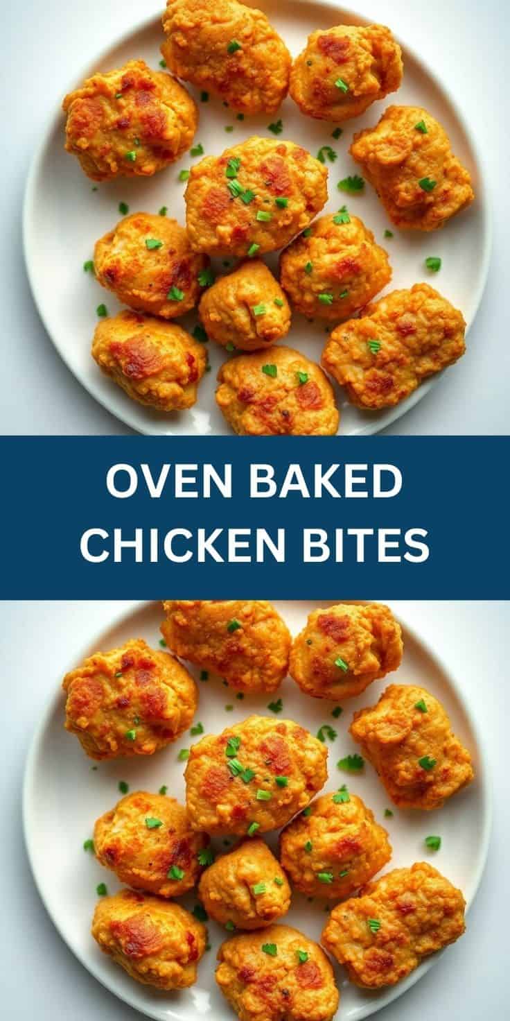 Golden-brown oven baked chicken bites garnished with chopped chives on a white plate.