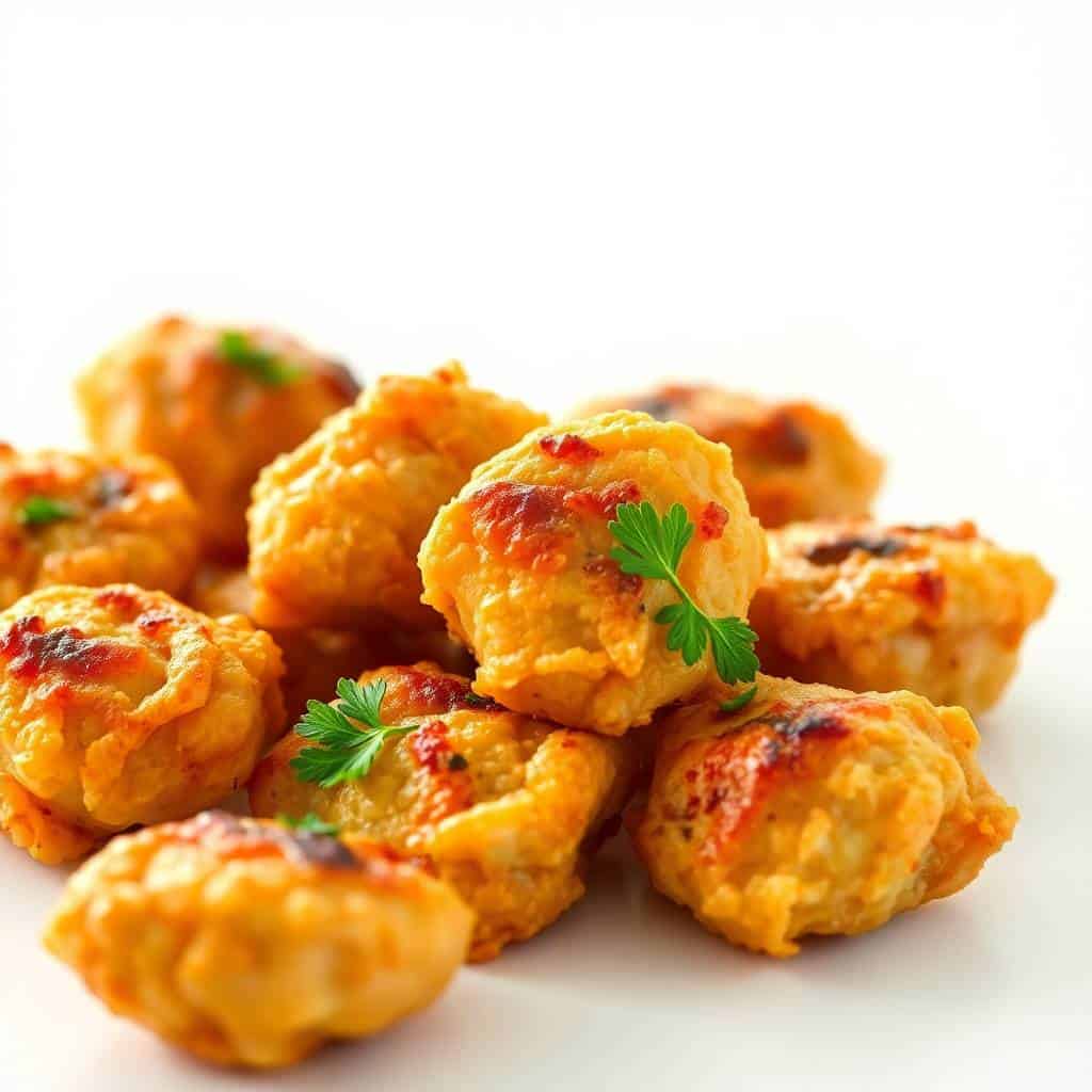 Golden-brown oven baked chicken bites garnished with fresh parsley on white surface.