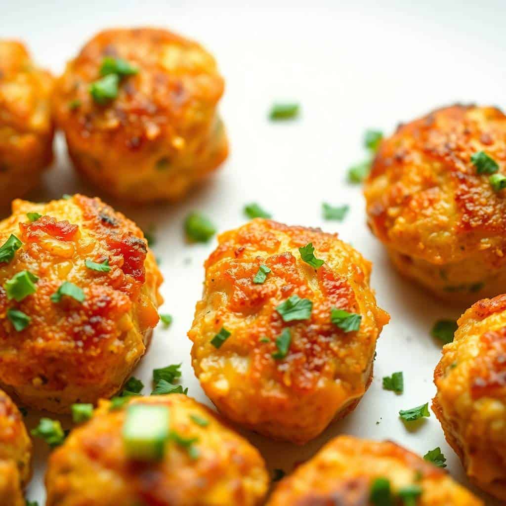 Golden-brown oven-baked chicken bites garnished with green onions on white plate.