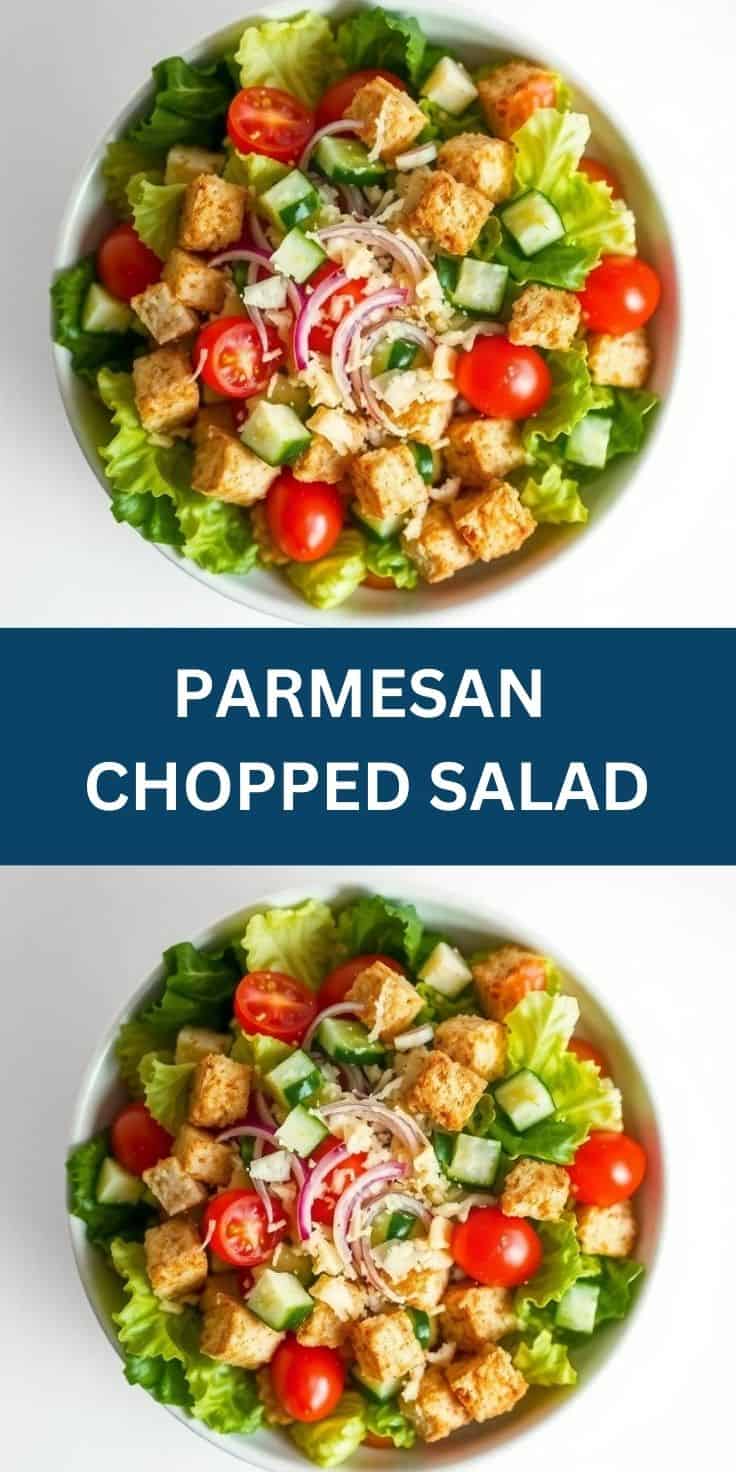 Parmesan chopped salad with crispy croutons, fresh vegetables, and red onions in white bowl.