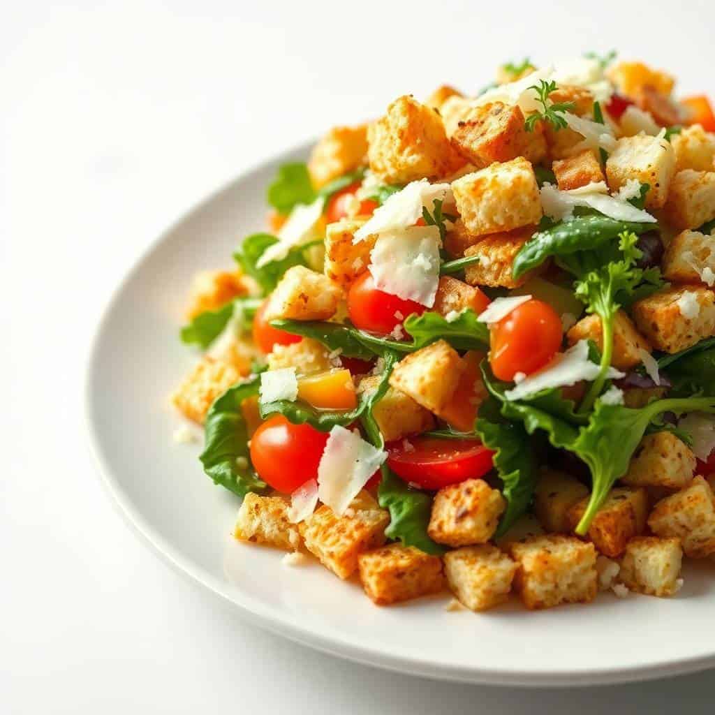 Parmesan chopped salad with golden croutons, fresh greens, tomatoes, and shaved cheese on white plate.