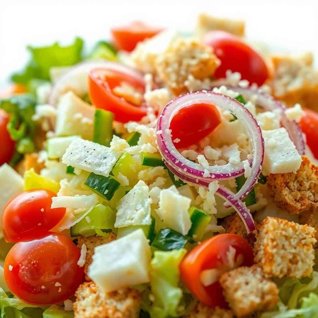 Parmesan chopped salad with croutons, tomatoes, cheese, red onion, and green onions on white plate.