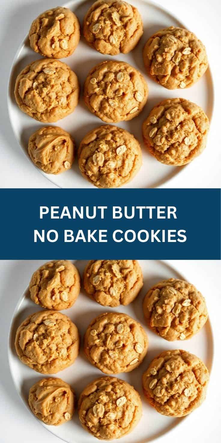Eight golden peanut butter no bake cookies with oats on white plate.