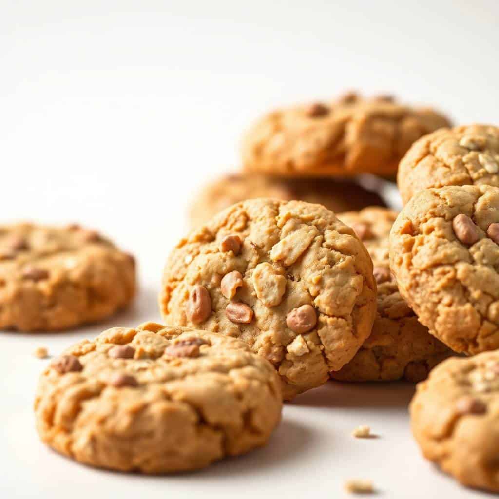 Peanut butter no bake cookies with visible peanut pieces on white surface, golden-brown color.