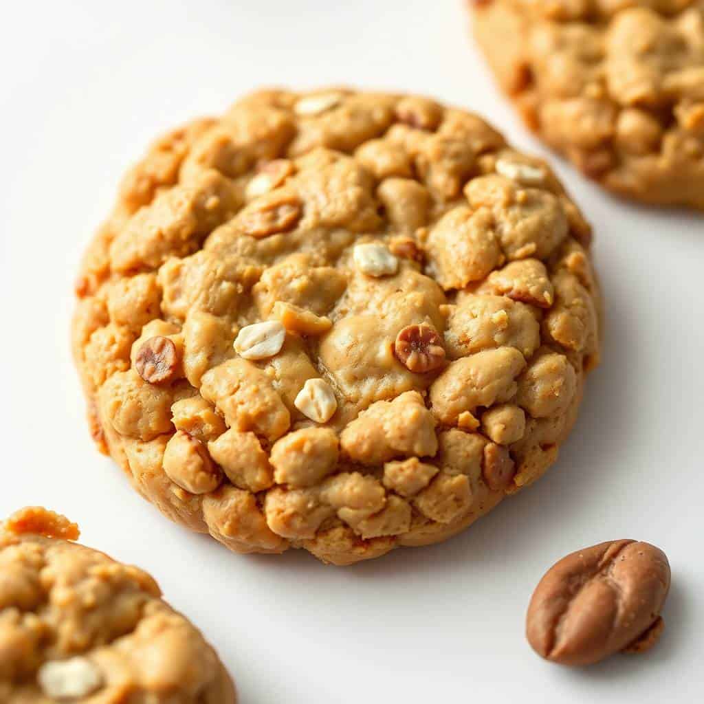 Peanut butter no bake cookies studded with peanuts on white surface with scattered nuts.