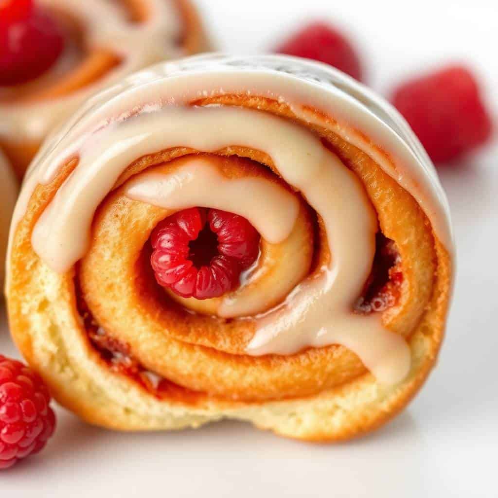 Raspberry cinnamon roll with lemon glaze and fresh raspberries on white surface.