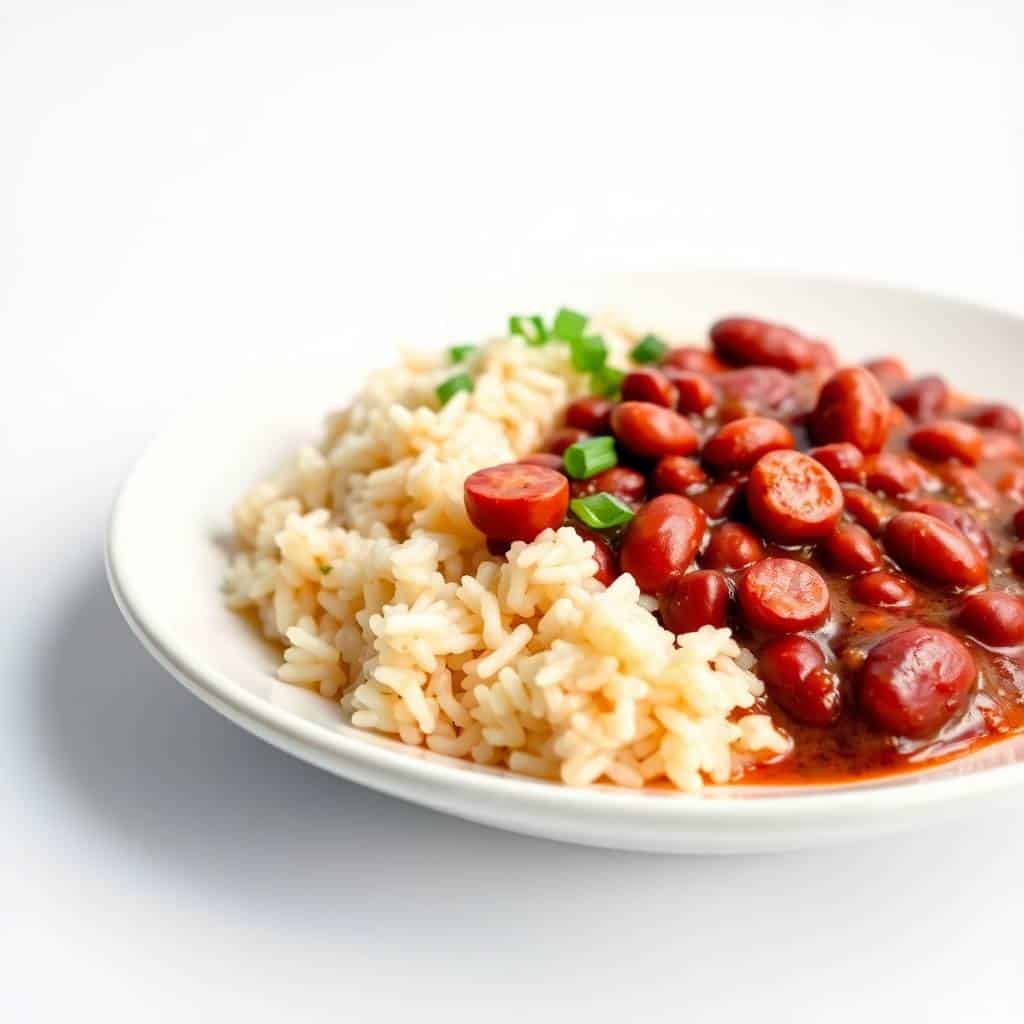Red beans and rice served on white plate with sausage slices and green onion garnish.