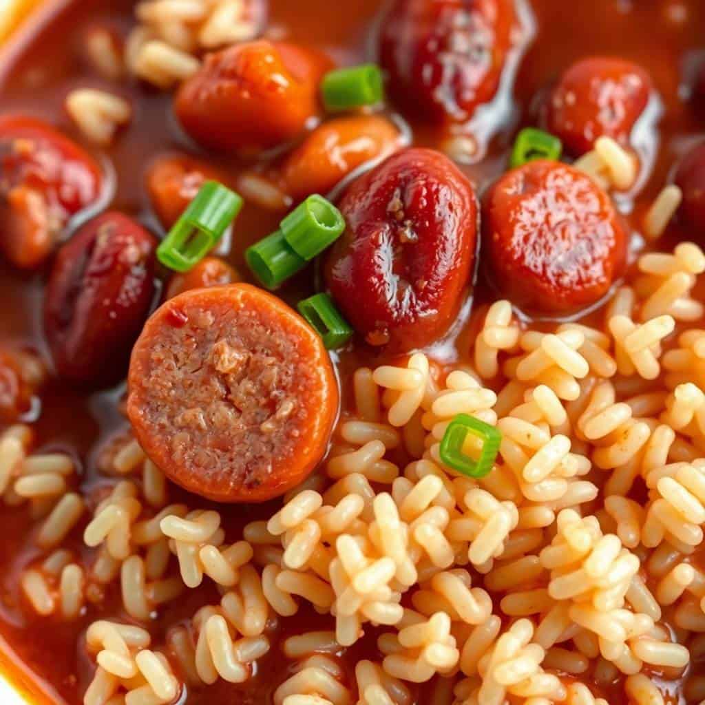 Red beans and rice with sliced sausage, green onions, and red sauce in a bowl.