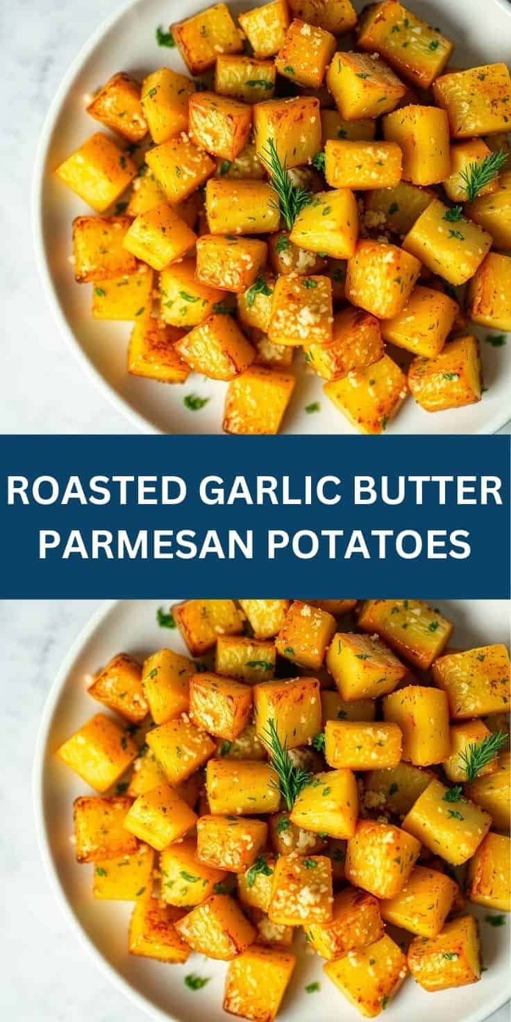Golden roasted garlic butter parmesan potatoes garnished with fresh rosemary and parsley on white plate.