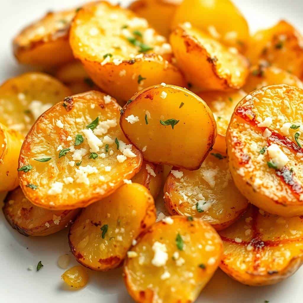 Roasted garlic butter parmesan potatoes garnished with fresh herbs on a white plate.