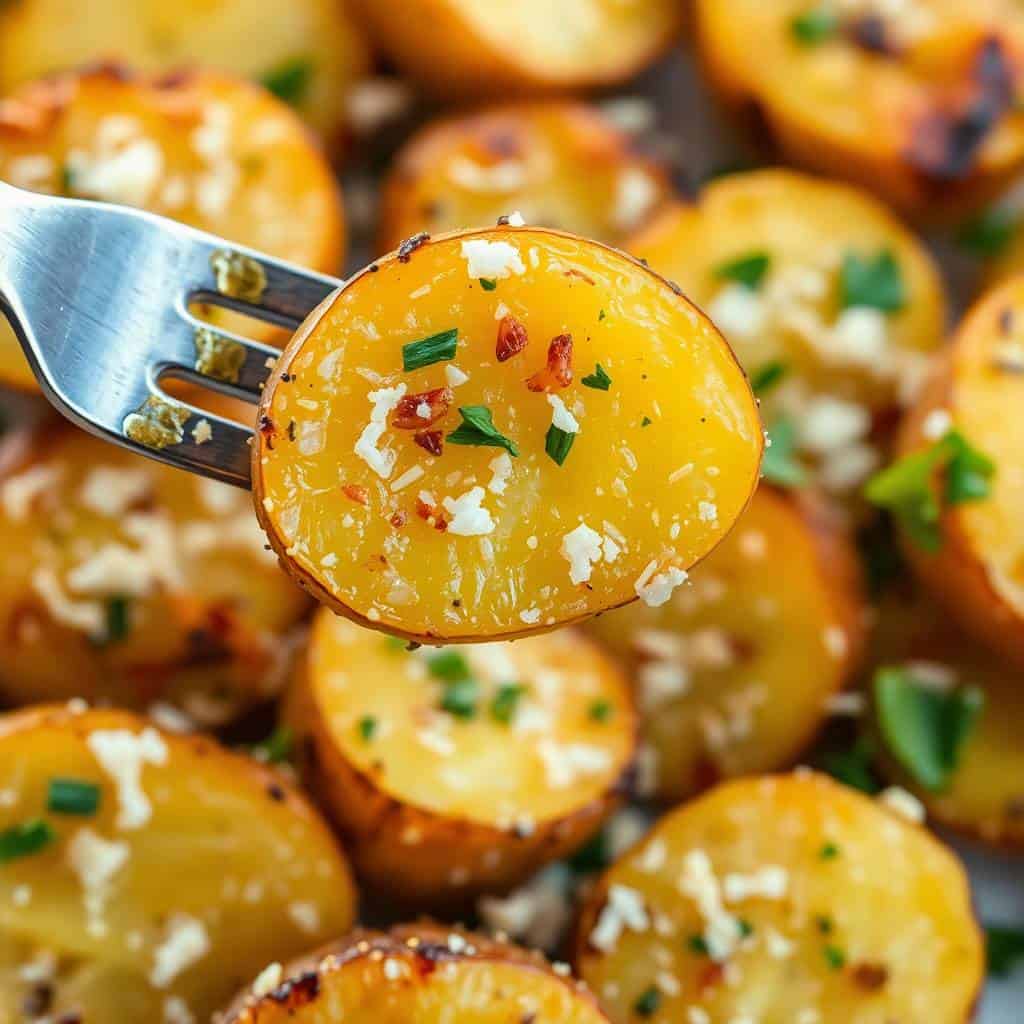 Roasted garlic butter parmesan potatoes on fork with cheese, herbs, and seasoning garnish.