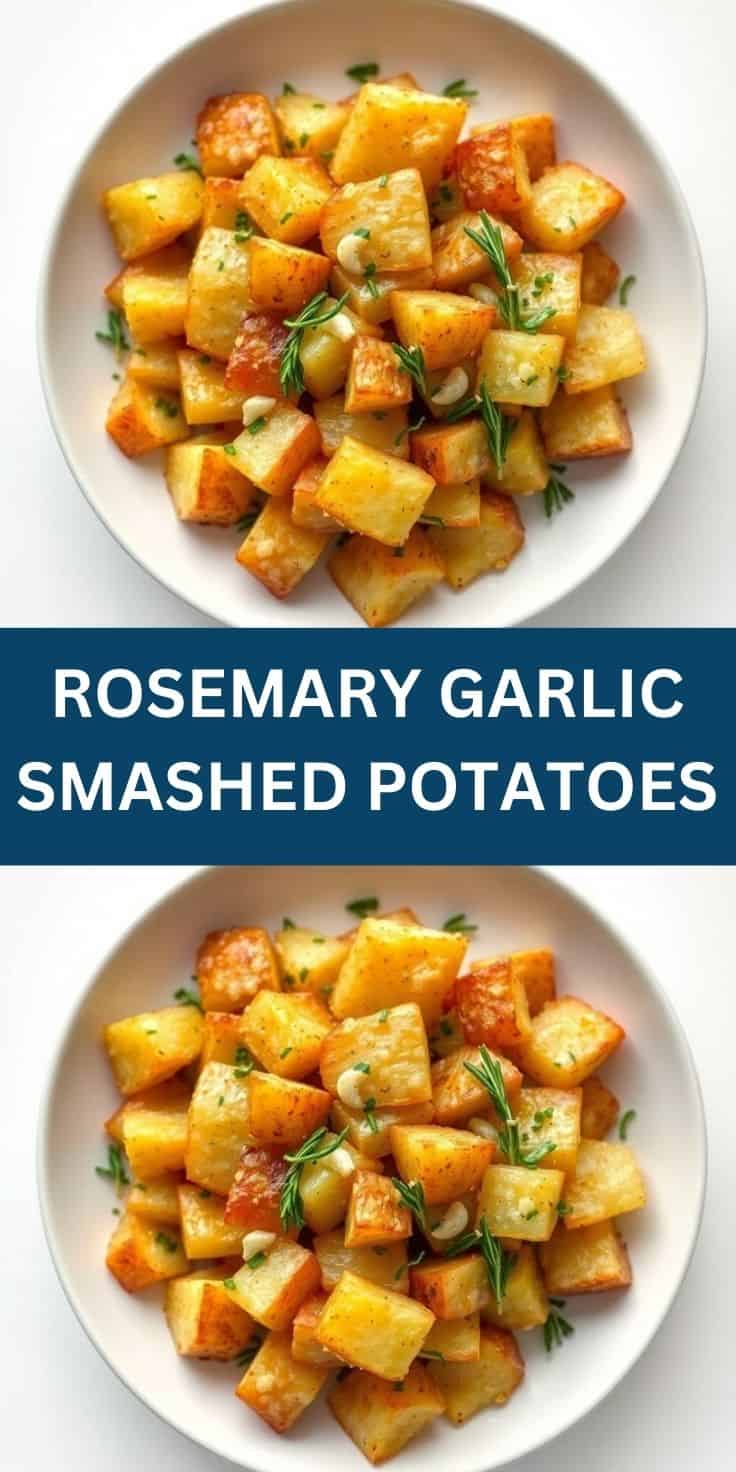 Golden roasted potato cubes garnished with fresh rosemary sprigs on white plates.