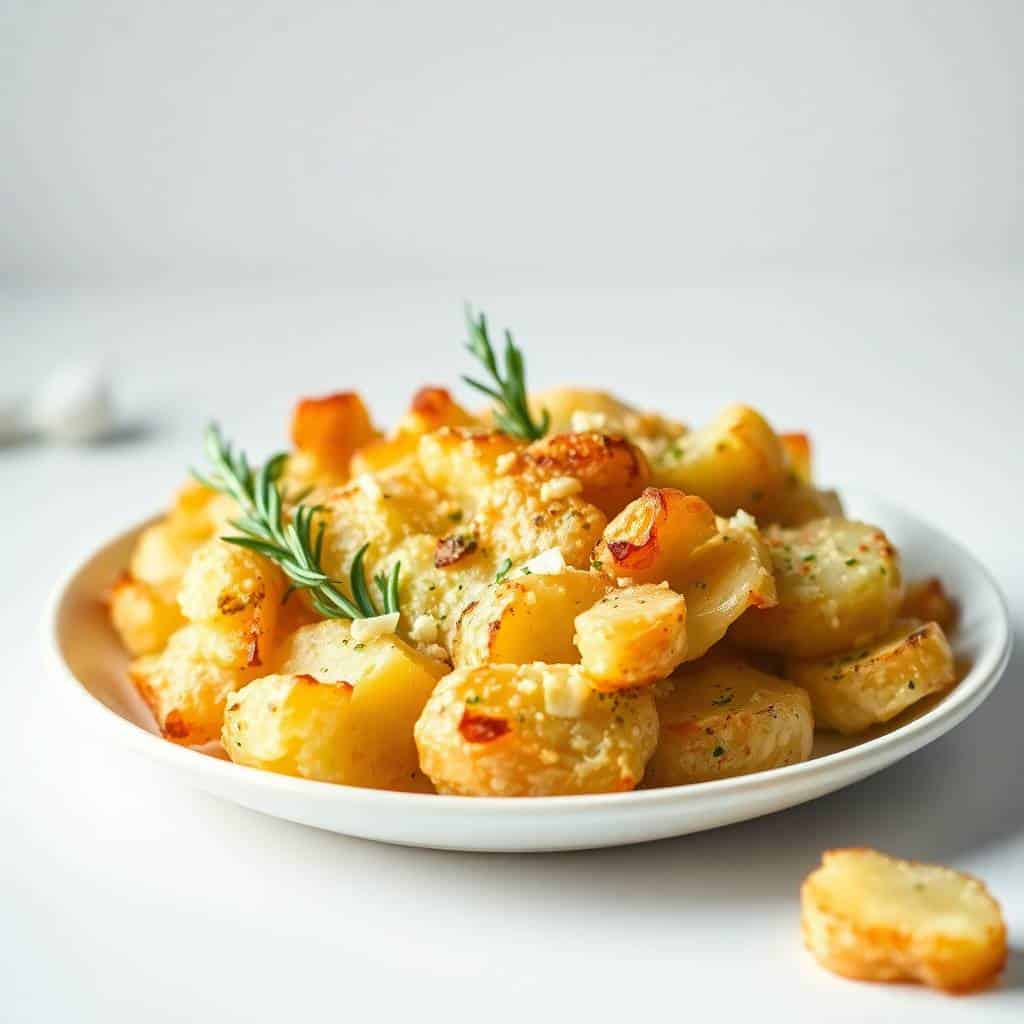 Roasted rosemary garlic smashed potatoes in white bowl with fresh herb garnish and golden-brown texture.