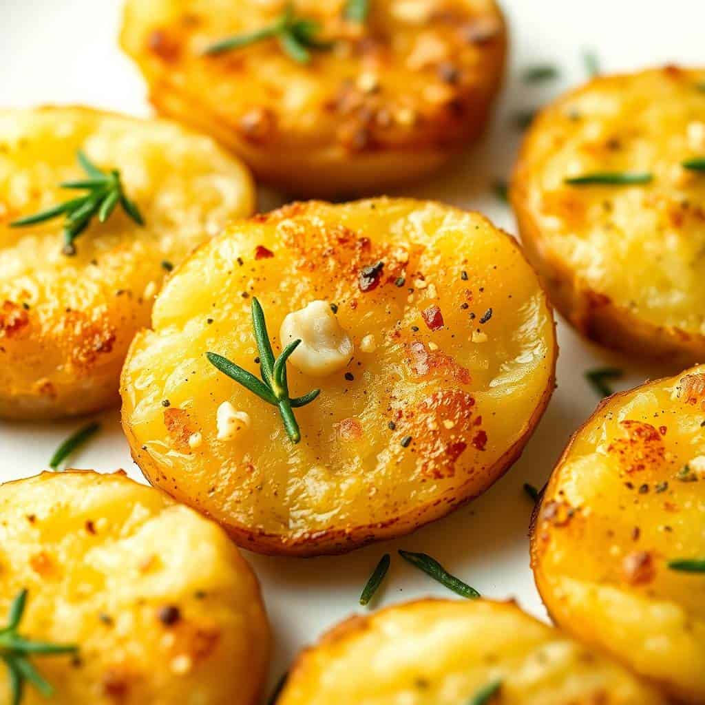Roasted potato halves with golden-brown crispy edges, garnished with fresh rosemary sprigs and black pepper.