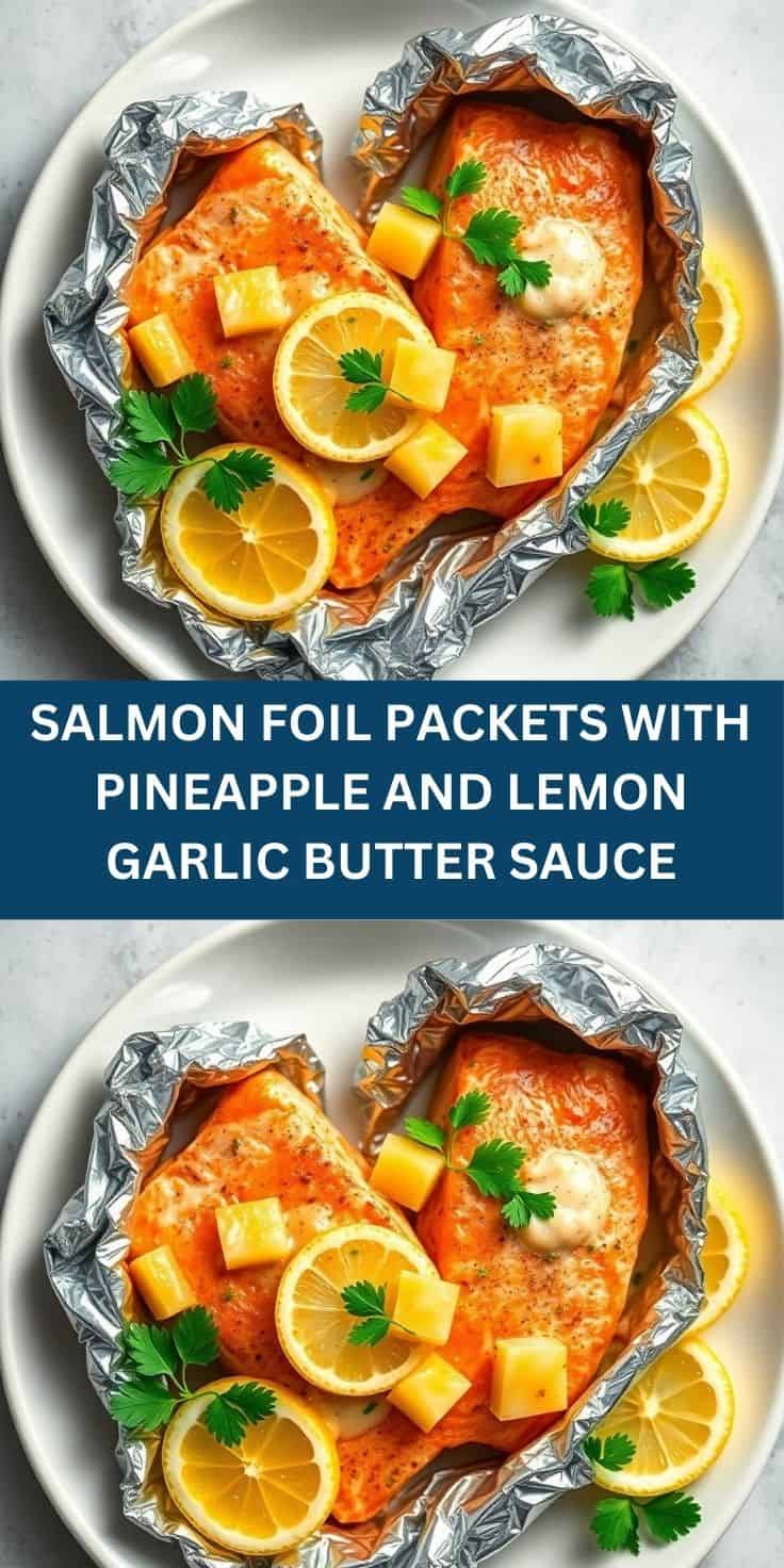 Salmon foil packets topped with pineapple chunks, lemon slices, and fresh parsley on white plate.