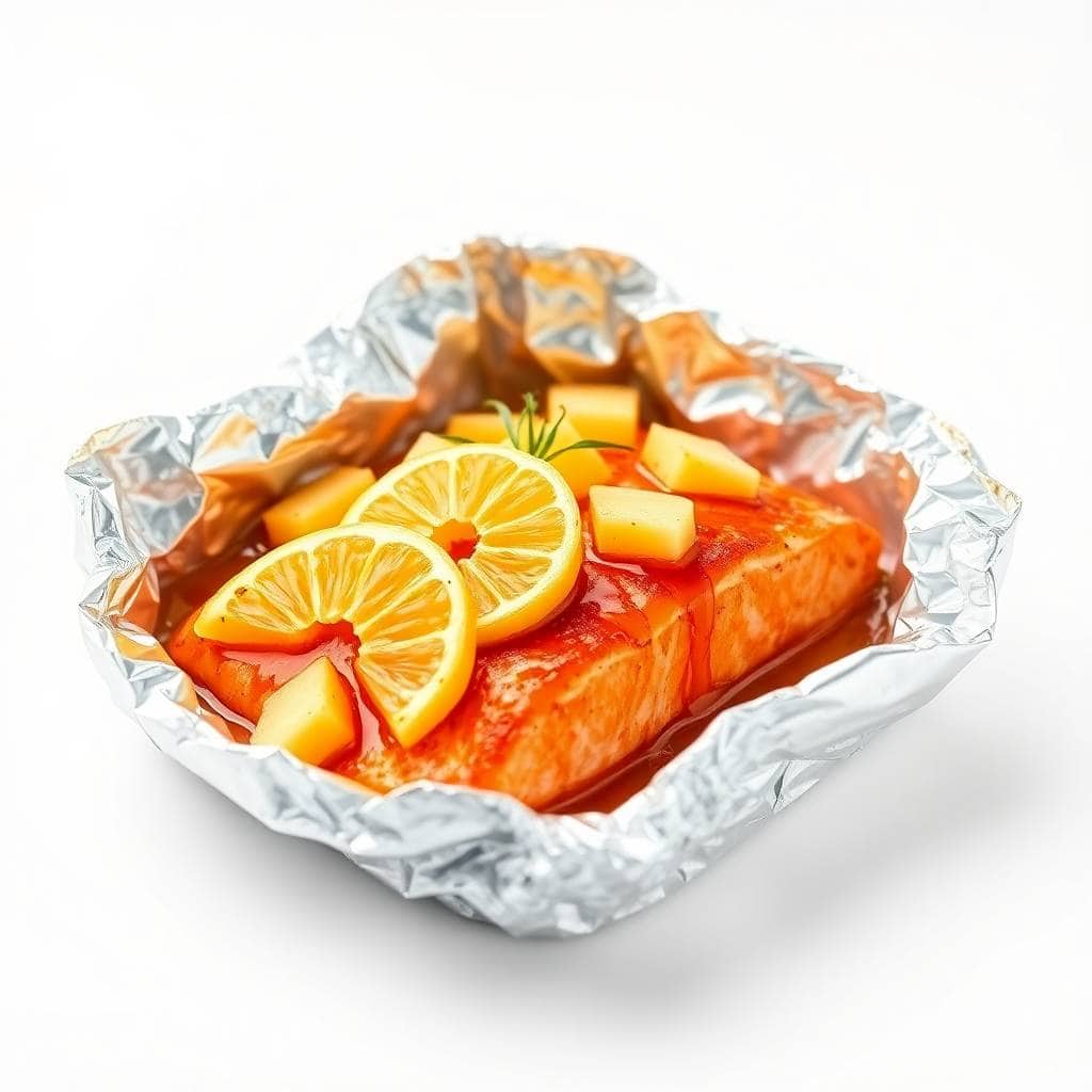 Salmon fillet in foil packet topped with lemon slices and pineapple chunks with butter sauce.