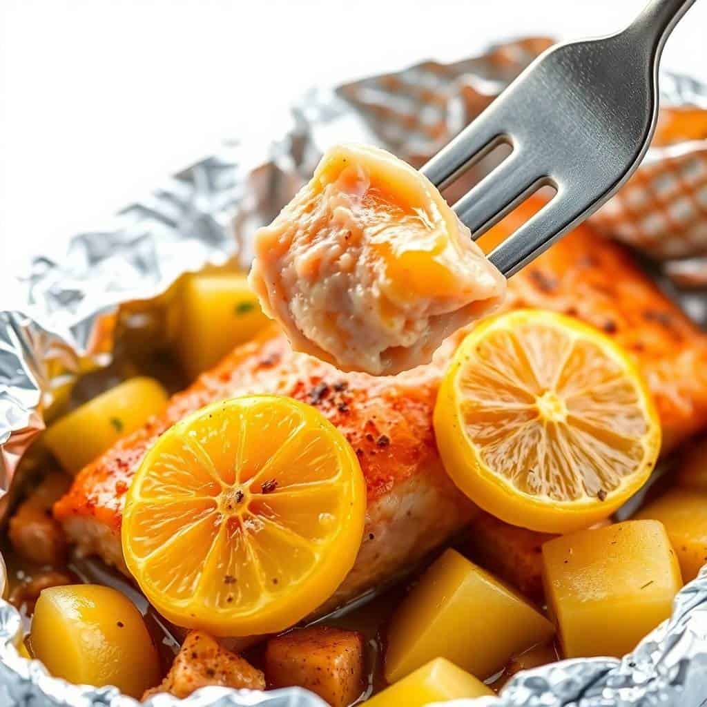 Fork lifting flaky salmon fillet from foil packet garnished with lemon slices and potatoes.