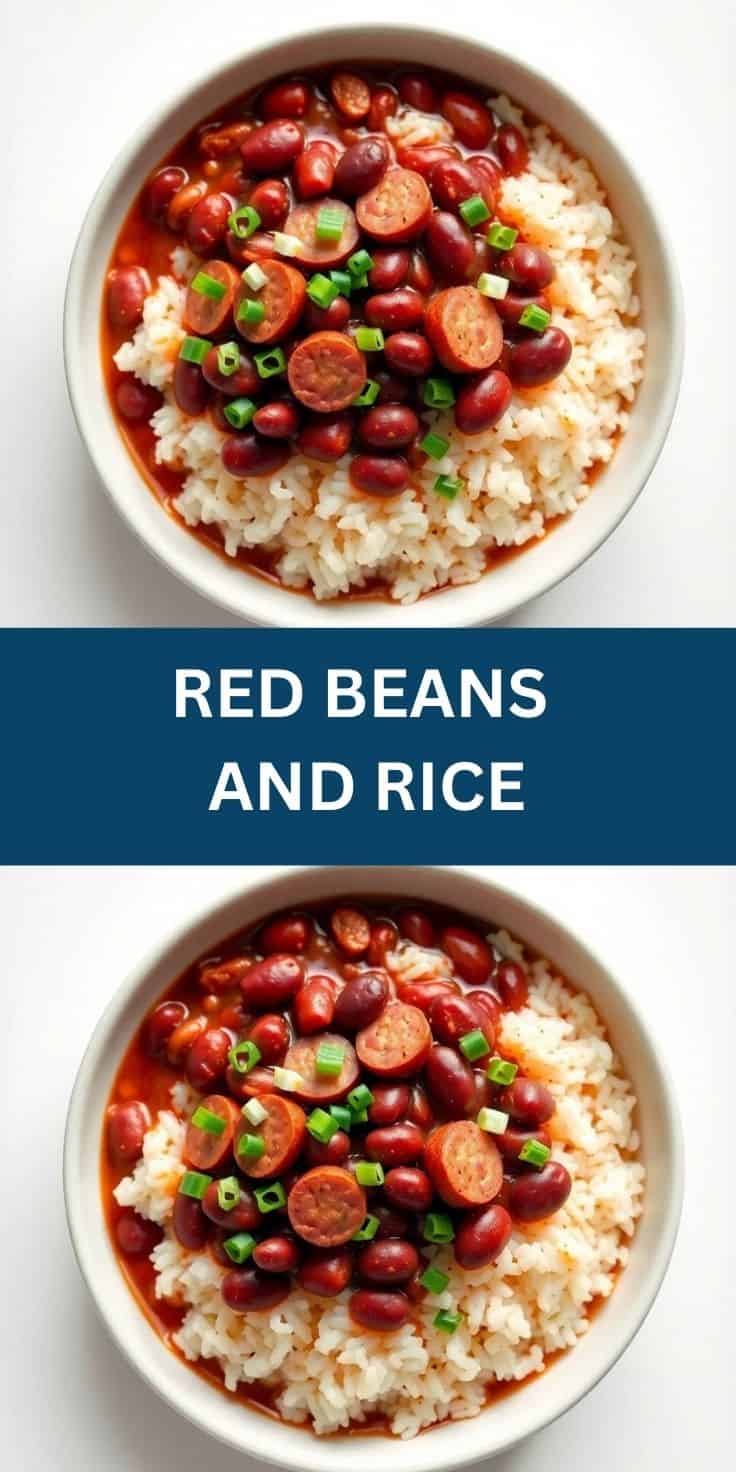 Two bowls of red beans and rice topped with sausage slices and green onions.