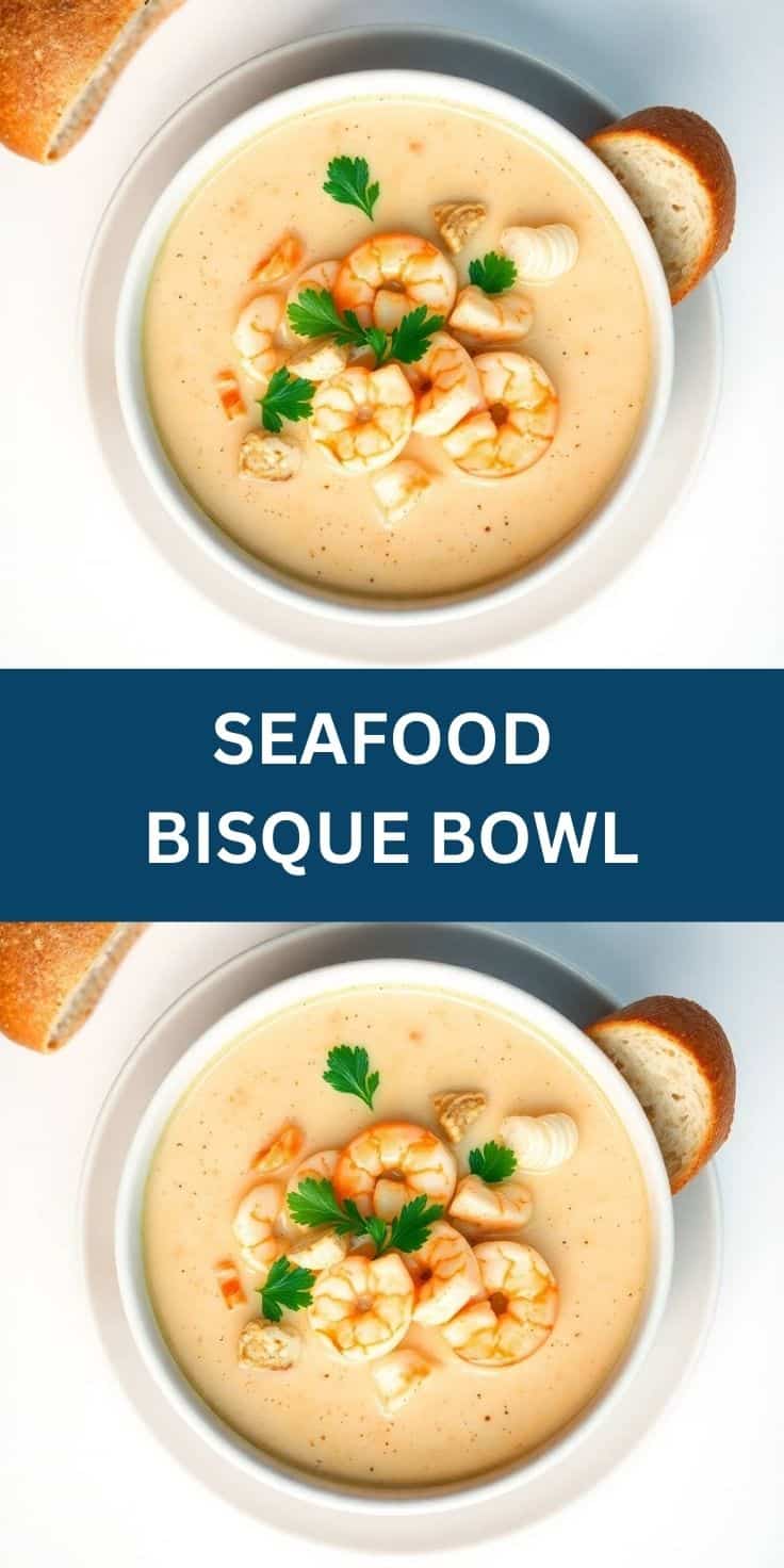 Creamy seafood bisque topped with shrimp and parsley garnish, served with crusty bread.