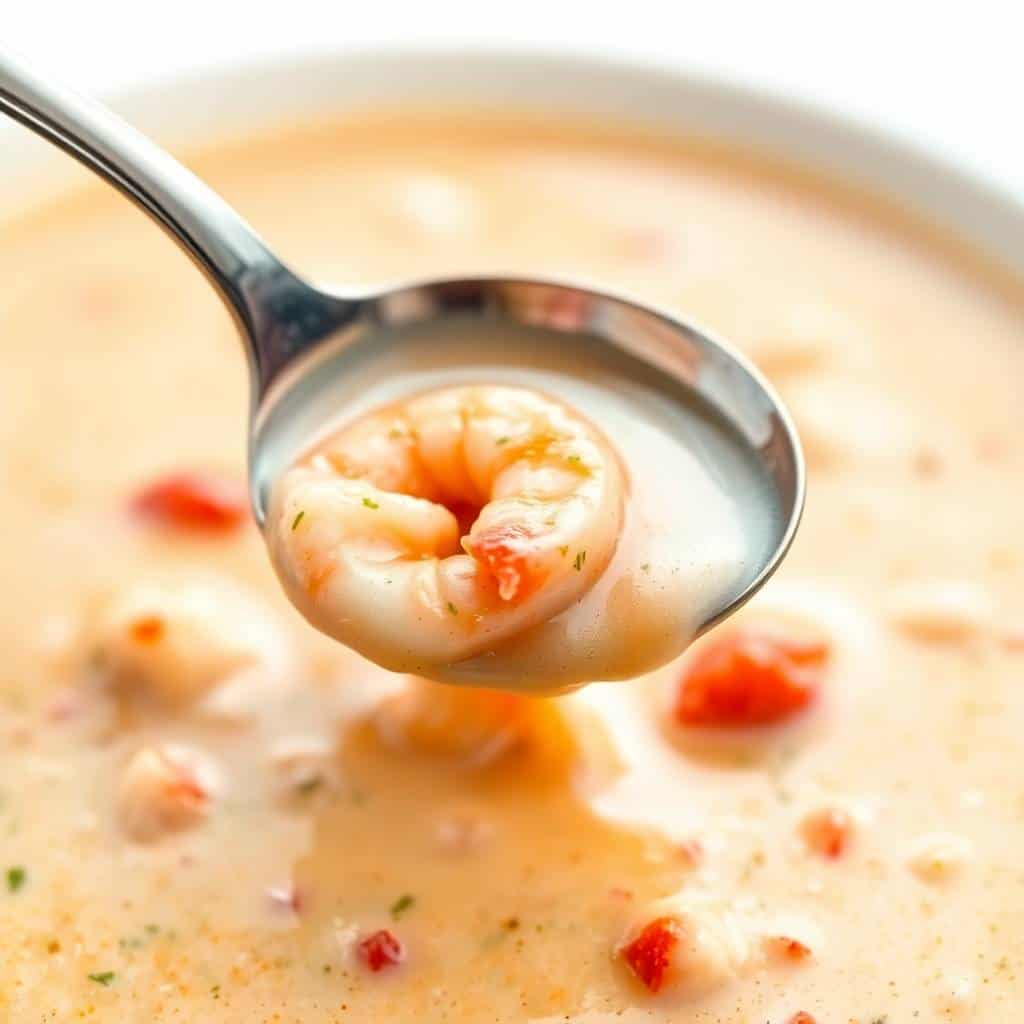 Spoon holding plump shrimp over creamy seafood bisque garnished with diced red peppers and herbs.