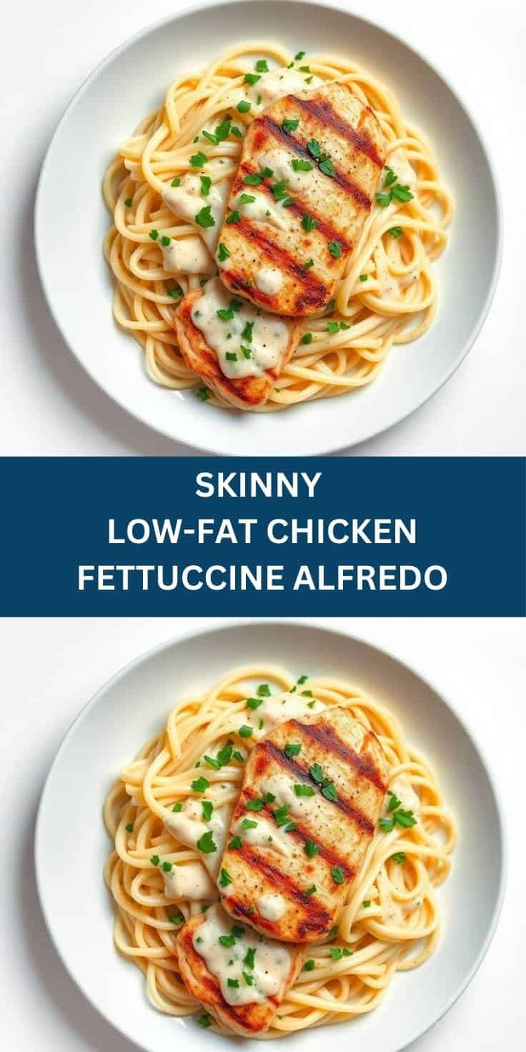 Skinny low-fat chicken fettuccine alfredo plated on white dish with seared chicken breast, creamy sauce, and fresh parsley...