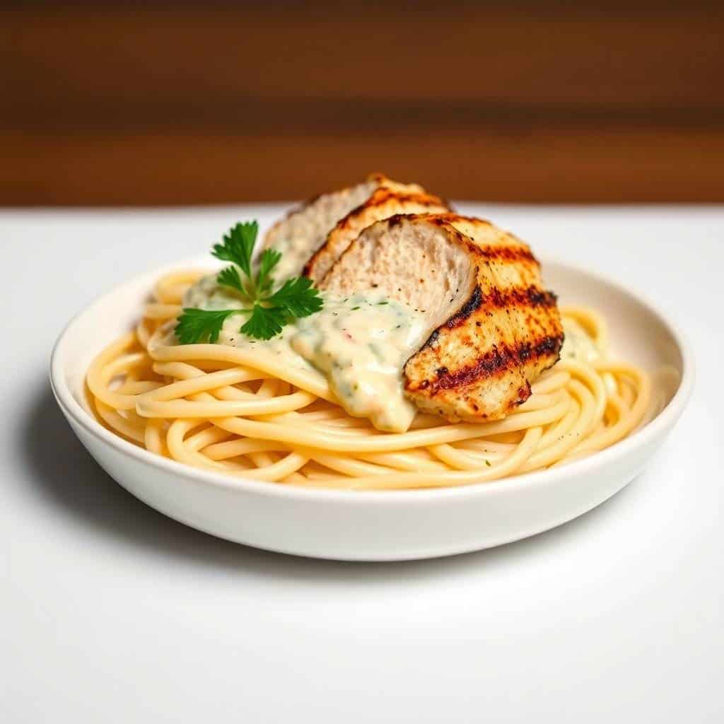 Sliced seared chicken breast atop fettuccine pasta with creamy sauce, garnished with parsley in white bowl.